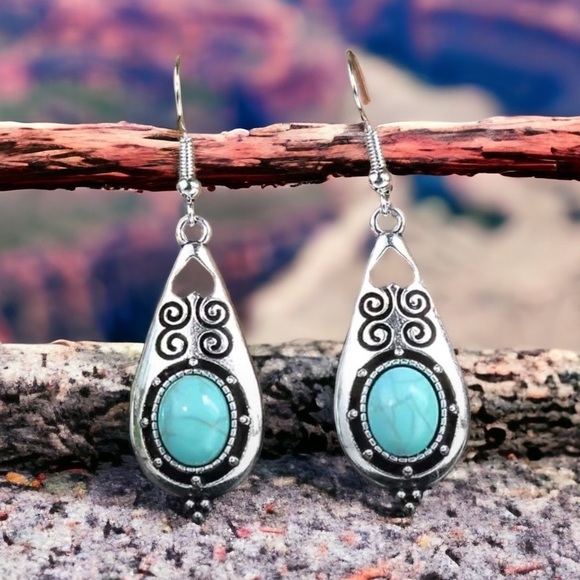Boho Western Dangle Drop Earrings Native American Turquoise Vintage Silver Style - Picture 12 of 16